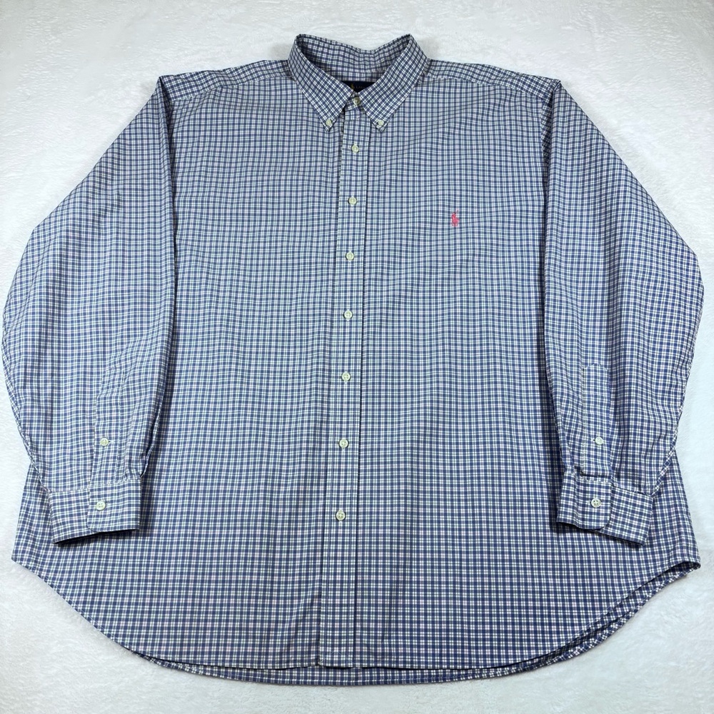 Ralph Lauren Men 3XB Blue & White Checkered Plaid Long Sleeve Button Down Shirt - Picture 2 of 12